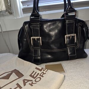 Michael Kors Black Leather Satchel with Buckle Accents